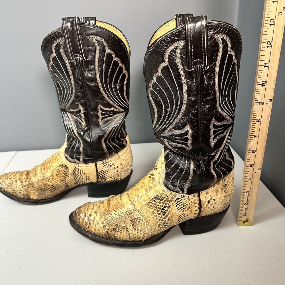 Vintage Tony Lama Tan Snake Skin & Black Leather Size 4 Western Cowboy Boot USA - Picture 4 of 9